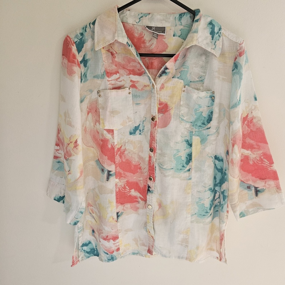 JM Collection 10 Linen Floral Gold Button Front Top Blouse Watercolor Pastel